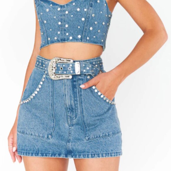Show Me Your MuMu - Shania Skirt ~ Indigo Rhinestone Denim M - Picture 1 of 4